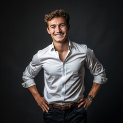 Fototapeta premium A headshot portrait of a young businessman standing confidently with his hands on his hips, smiling at the camera