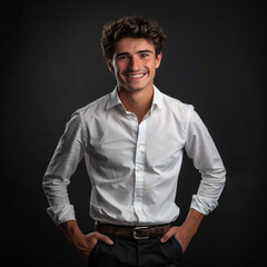 Obraz premium A headshot portrait of a young businessman fresh out of school, wearing a white collar business casual shirt, smiling with his hands on his hips