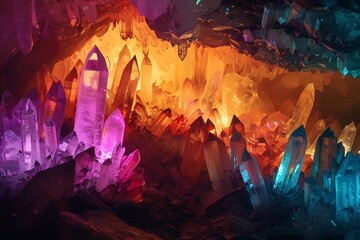 A mysterious, glowing cave with crystals that illuminate the interior in a spectrum of colors