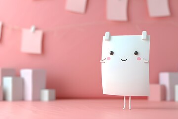 white cute note paper character with copy space background
