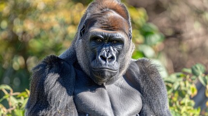 Obraz premium A close-up of a gorilla's face with trees in the background and bushes at the forefront