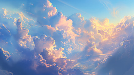 A mesmerizing scene of dynamic cloud formations bathed in orange sunrays amidst a vibrant blue sky