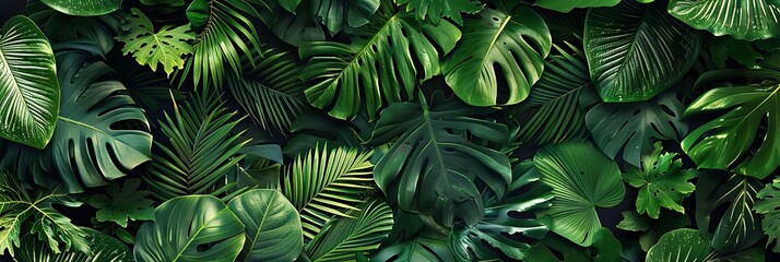 Tropical leaves background. Green leaf banner and floral jungle pattern concept. Abstract green leaf texture