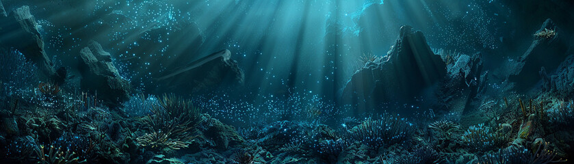 Panoramic underwater landscape of a deep-sea environment with bioluminescent creatures and dramatic rock formations - obrazy, fototapety, plakaty