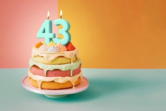 43rd birthday cake celebrating 43 years on an isolated, colorful pastel background.