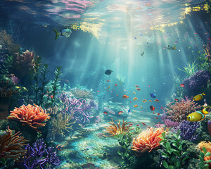 Obraz premium Underwater paradise showcasing a thriving coral reef teeming with diverse marine life, emphasizing environmental beauty