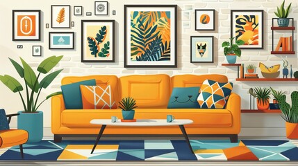 Living Room Sofa Decor: A vector illustration featuring a living room sofa as the centerpiece