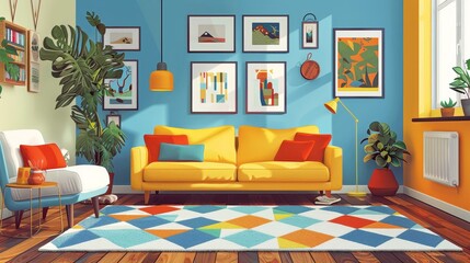 Living Room Sofa Functionality: A vector illustration showcasing multifunctional sofa designs in a living room