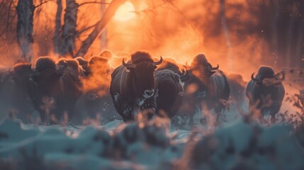   A herd of cattle traverses a snow-covered forest Sunlight filters through trees beyond them