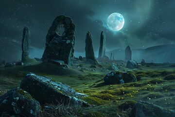 A mysterious stone circle on a hilltop, bathed in the light of the full moon