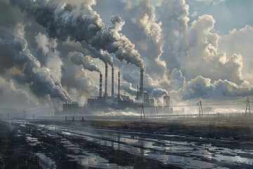 Steam and smoke billow from the smokestack of a powerful thermal power plant, emitting dense polluted smoke. Concept of air pollution. Concept of environmental disaster