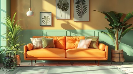 Modern Sofa Contemporary Living: A vector illustration showcasing a modern sofa in a contemporary living space