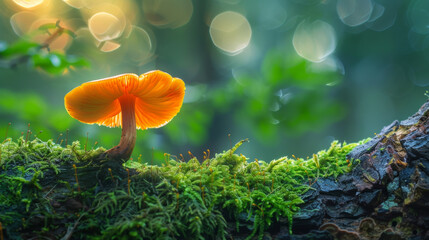 Glowing orange mushroom on a mossy log in a magical forest