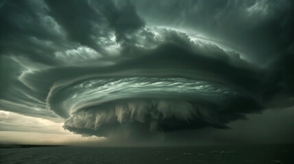 This powerful image shows a looming shelf cloud rolling over a tranquil lake, offering a juxtaposition of calm and threat