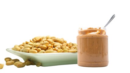peanuts in a bowl peanut butter and white background 