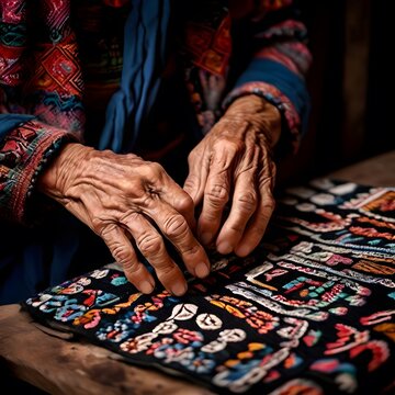 An old woman designs intricate traditional cloth patterns for a traditional wedding.