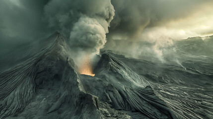 A powerful image capturing the eruption of a volcano, with smoke and lava under a stormy sky