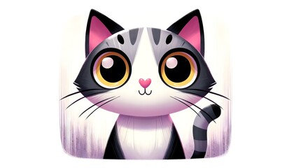 Fototapeta premium Wide-Eyed Grey and White Cat with a Heart Nose on a Lavender Backdrop
