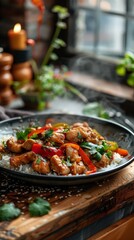 Obraz premium Delicious Chicken Stir-Fry Served on Wooden Table