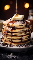 pancakes with chocolate syrup and butter