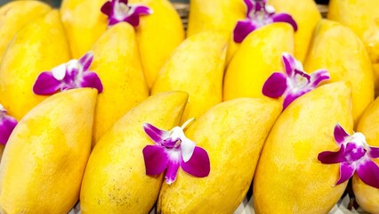 Vibrant yellow mangoes adorned with purple orchids in a neat row create an exotic display. Perfect...