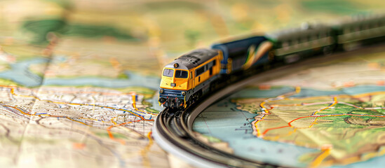Close-up of a toy model yellow train traveling on a paper map. Creative concept of land travel by railroad.