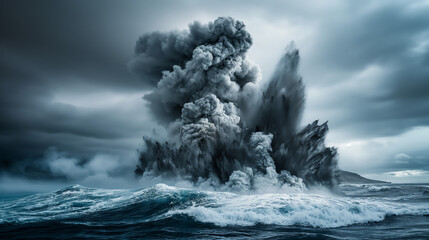 A powerful display of nature's fury as a volcanic eruption spews an enormous ash cloud above the churning ocean waves - obrazy, fototapety, plakaty
