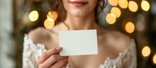 Closeup woman bride holding empty blank business card in hands, mockup with copy space.