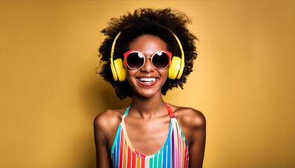 Portrait of a beautiful smiling woman in colorful beachwear and headphones listening to music, on a yellow background.  Summer banner for advertising