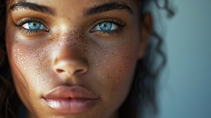 Close-Up Portrait of Young Woman with Stunning Blue Eyes and Freckles