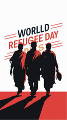 Obraz premium Vector illustration of black Silhouette, palm tree, and sun for World Refugee Day banner and poster template design.