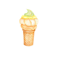 Sea buckthorn ice cream Realistic summer ice cream cone isolated on white background Mousse of buckthorn berries, botanical watercolor illustration 