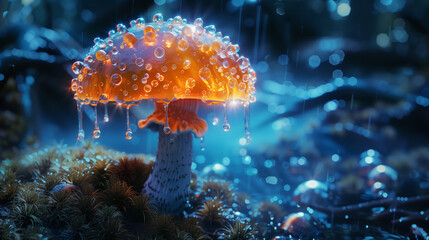 red and blue golden glowing glimmering enchanted magical mushroom generative art - Powered by Adobe