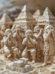 Fototapeta premium Curious Explorers Examining Ancient Ceramic Figurines Amidst Majestic Ruins