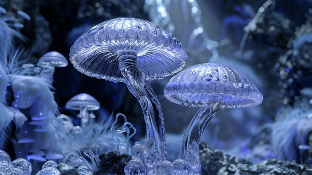 blue crystal clear glowing glimmering enchanted magical mushroom generative art