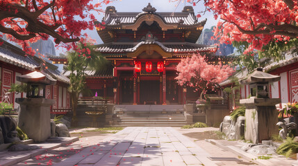 A Japanese temple with cherry blossoms in the style of anime comics, sakura trees, ancient traditional architecture, anime aesthetic, cozy lofi asian architecture. 16:9 resolution. Generative AI