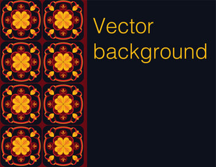 Vector background with a pattern in oriental style. Vector slabs with complex symmetrical patterns and space for text or advertising. Interweaving of red and orange elements on a dark background.