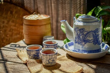 Asian traditional hot tea, morning light ,retro tea set