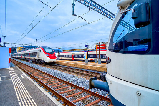 Modern trains on Lugano Train Station, on March 18 in Lugano, Switzerland