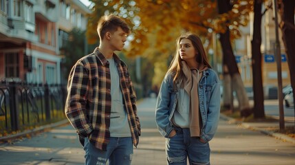 A teenage couple ends their relationship after an argument, with the boyfriend walking away, leaving his saddened girlfriend behind.