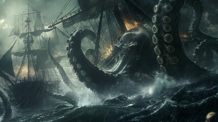An intense depiction of a mythical Kraken with tentacles wrapped around a ship during a storm
