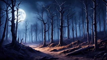 dry forest at night,beautiful scenery with moonlight,Generative AI
