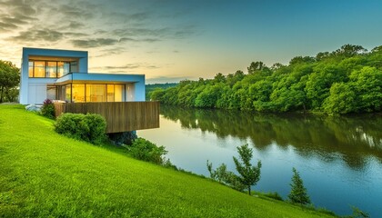 3D Rendering of Modern House by the River at Evening