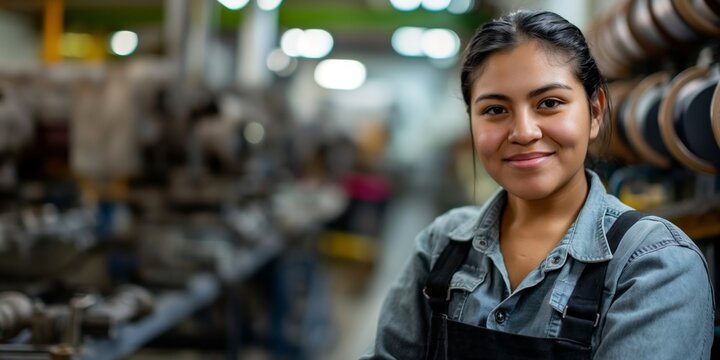 smiling hispanic female factory worker posing looking at the camera.