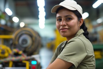 smiling hispanic female factory worker posing looking at the camera.