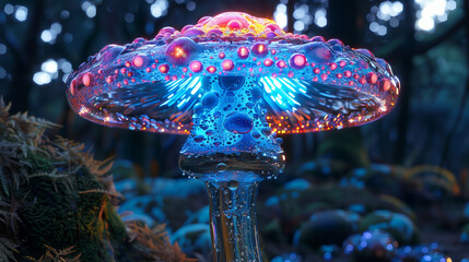 pink and blue glowing glimmering enchanted magical mushroom generative art - obrazy, fototapety, plakaty