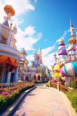 A colorful and whimsical fantasy castle with a blue sky and puffy white clouds in the background.