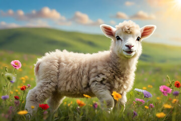 Obraz premium Cartoon-style, a baby lamb with an endearing forward gaze stands amidst a vibrant grassland with flowers. Ideal for children or kids-related content.