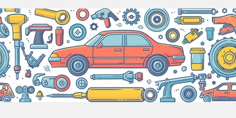 Naklejka premium car service icons in simple outline doodle design scattered on a full background