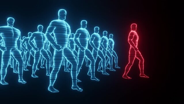 The cyborg squad is coming. A group of blue holographic cyborgs is following the red leader for scifi projects, templates, banners, posters. 4k loopable footage. 3d render, modern design stock video.